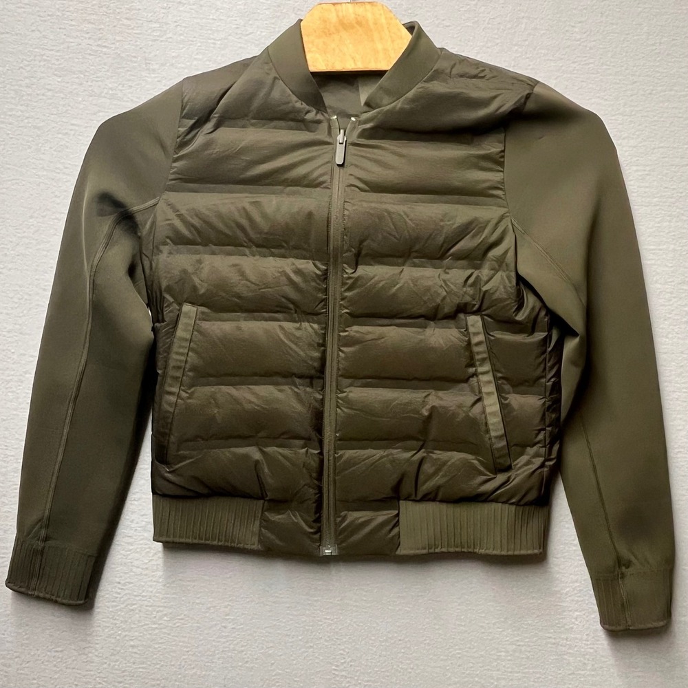 Lululemon Down & Around Bomber Jacket Womens 8 Olive Green Goose Down Puffer